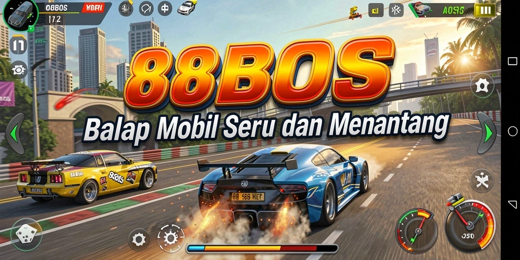 Gambar menunjukkan balapan seru dengan mobil kencang di lintasan menantang.