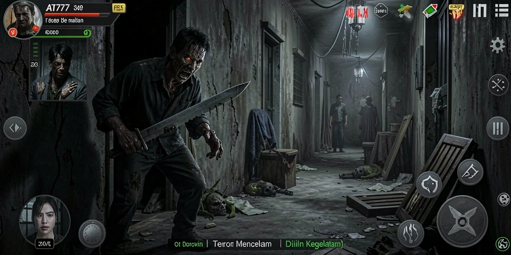 Screenshot gameplay AT777 menampilkan momen mencekam di kegelapan.