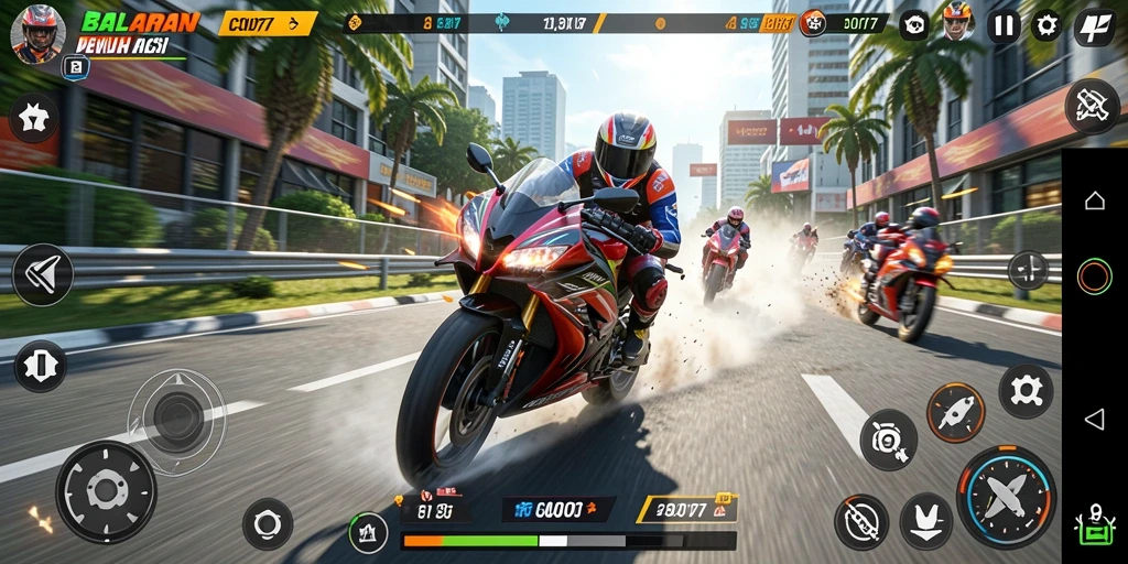 Gameplay balap motor yang mendebarkan dan penuh aksi.
