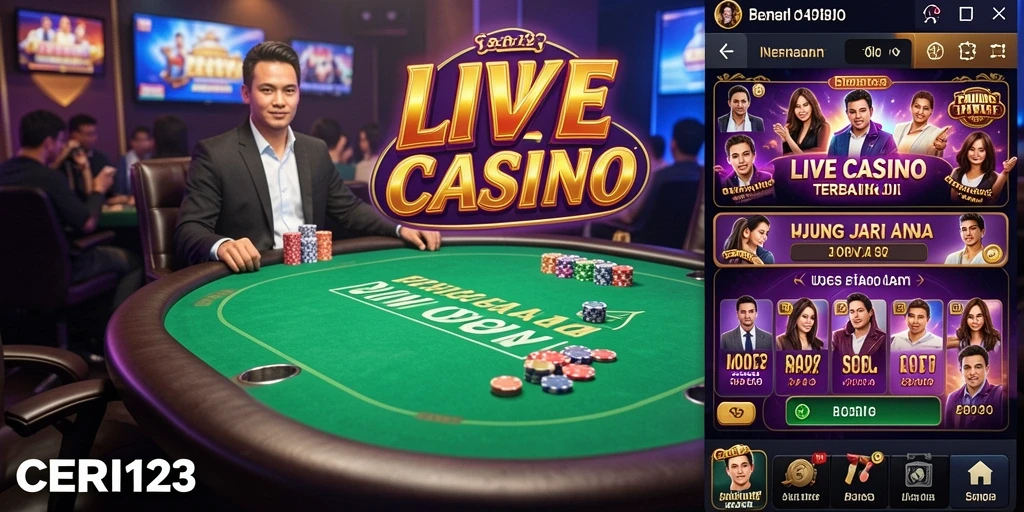 Screenshot CERI123 menampilkan dealer langsung dan permainan yang mendebarkan.