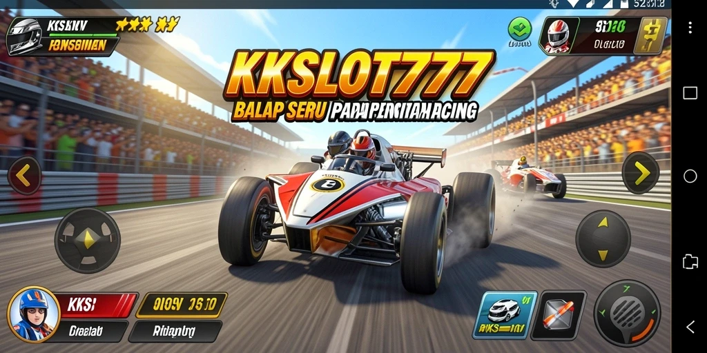 Screenshot gameplay KKSLOT777 menampilkan balapan mendebarkan dengan mobil balap yang cepat.