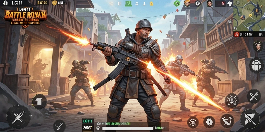 Screenshot gameplay LG111 menunjukkan pertarungan intens dalam arena Battle Royale.