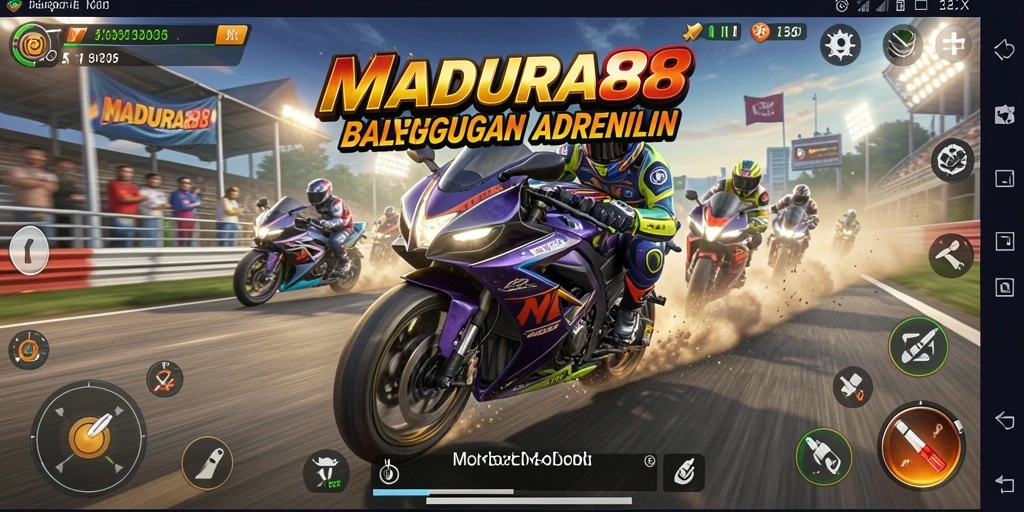 Screenshot gameplay MADURA88 menampilkan aksi balapan motor yang cepat dan seru.