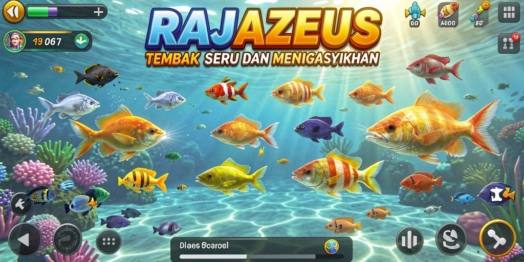 Screenshot gameplay RAJAZEUS saat menembak ikan dengan grafik yang memukau.