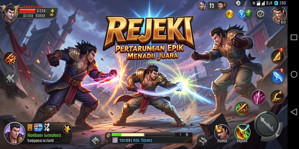 Tampilan seru pertarungan dalam game REJEKI dengan karakter yang beraksi.