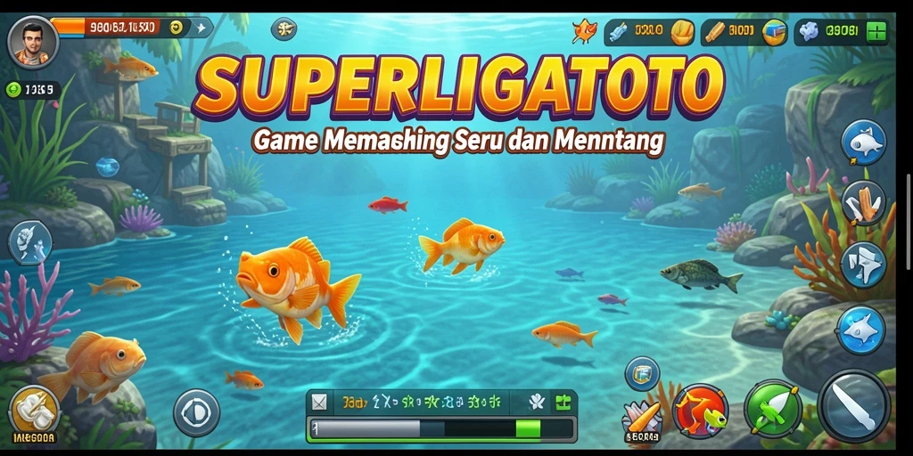 Screenshot gameplay SUPERLIGATOTO menunjukkan momen memancing yang mendebarkan.